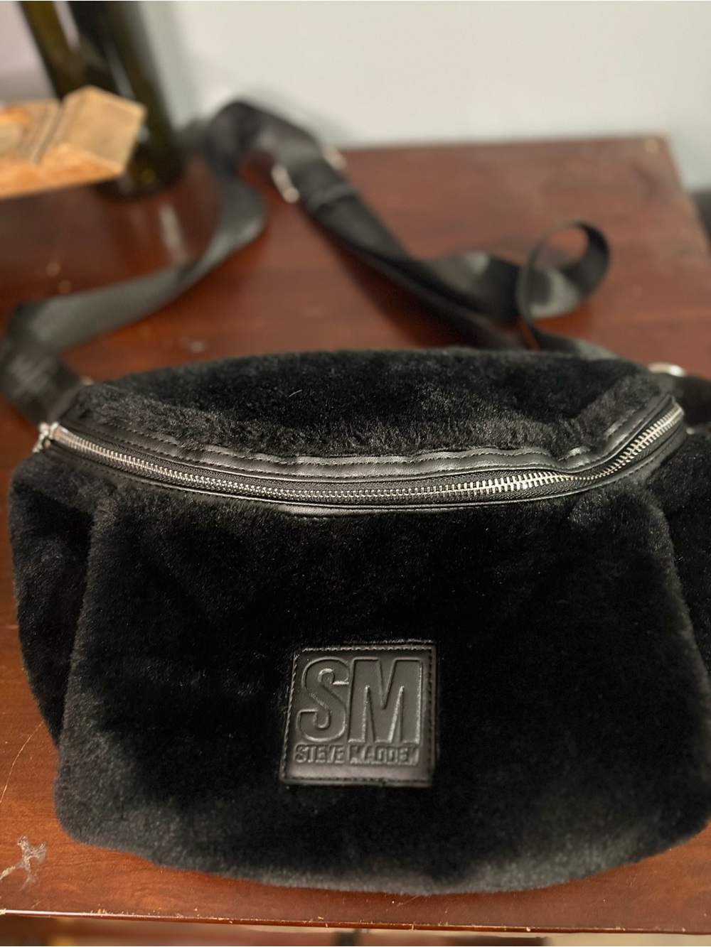 Steve Madden Black Faux Fur Crossbody Waist Bag with SM Patch